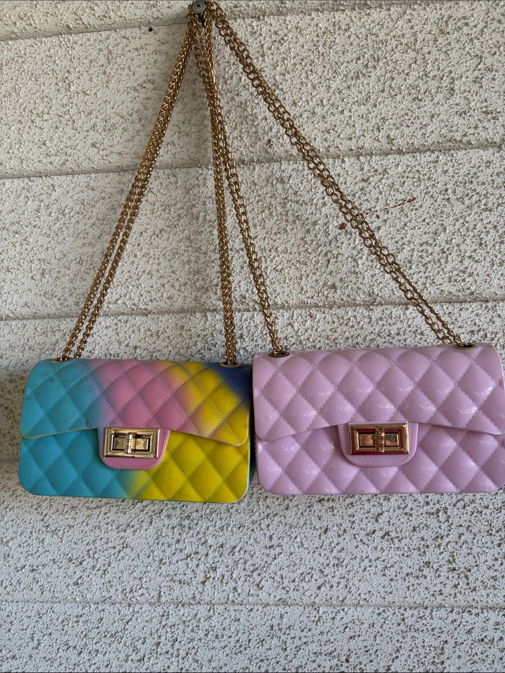 Quilted Chain Shoulder Bag in Pastel Pink and Multicolor Gradient